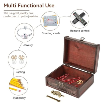 HERCHR Wooden Treasure Chest Box with Key and Lock, Retro European Style Wooden Jewelry Storage Box Memory Keepsake Letter Treasure Chest Lockable with Hinged Lid for Home Decor