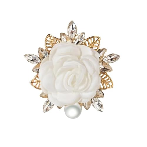 Rose Flower Brooch for Women Large Flower Brooch Elegant Pearl Brooches Handmade Crystal Pearl Pins Fabric Floral Lapel Pin Christmas Valentine's Day Dress Suit Accessories - color: white