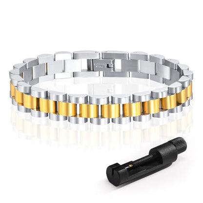 MPRAINBOW 2pcs 18K Gold Plated Chain Link Bracelet, Stainless Steel Crystal Friendship Bracelets Bangle,Watch Band Chains Wristband Jewelry with Adjust Tool - color: Gold&Silver-18cm