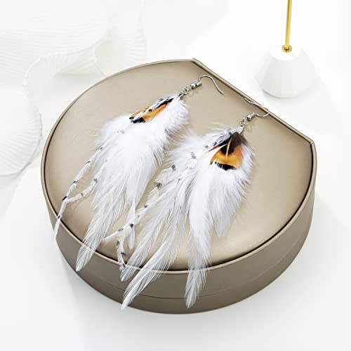 Long Bohemian Pheasant Feathers Statement Earrings Handmade Natural Lightweight Feather Dangle Earrings for Women (ea000067) - color: White