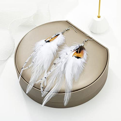 Long Bohemian Pheasant Feathers Statement Earrings Handmade Natural Lightweight Feather Dangle Earrings for Women (ea000067) - color: White