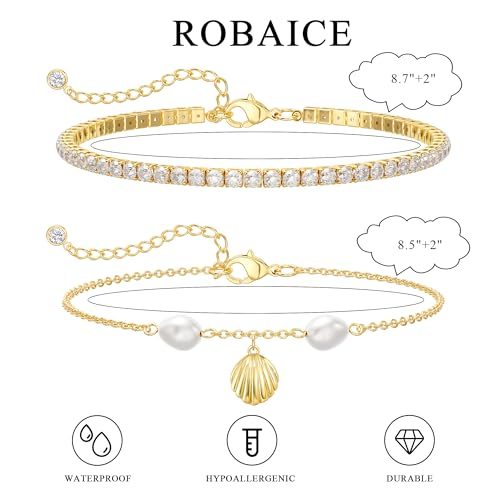Robaice Anklets for Women, 14K Gold Plated Layered Ankle Bracelets | Waterproof Figaro Link Pearl Anklet, Ankle Bracelets for Women Stackable, Summer Beach Jewelry Gifts Non Tarnish - style: Gold CZ Seashell Anklet