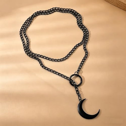 Slip Chain Necklace for Women Gothic Stainless Steel Bar Pendant Cuban Link Necklaces Adjustable Goth O Ring Long Necklaces Punk Rock Collar Choker Trendy Lariat Y Necklace - color: Long black moon