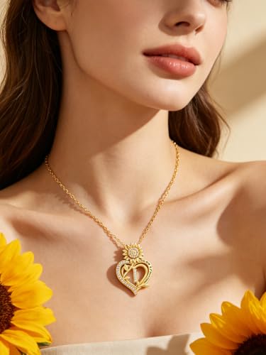 14K Gold Sunflower Initial Necklaces for Women | Heart Letter Pendant You Are My Sunshine Jewelry Gifts - style: I