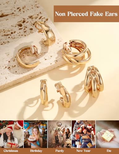 Giovanchi 3Pairs Clip on Earrings for Women with Non-Pierced Ears - Trendy Hypoallergenic 14K Gold Plated Chunky Tube Croissant Waterdrop Clip on Hoop Earrings - style: C-Gold