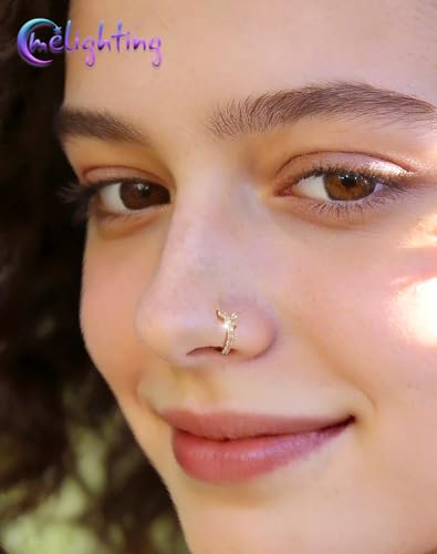 Melighting 20G Butterfly Nose Ring Hoop 8 mm Open Seamless Nose Piercing Jewelry Surgical Steel 316L, Twist Nostril Ring with Marquise and Round CZ, Silver Flower Body Piercing for Women - style: Butterfly Gold