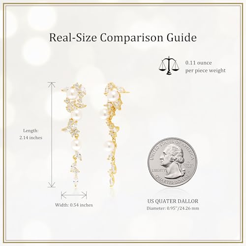 Sonateomber Gold Silver Pearl Rhinestone Dangle Earrings for Women, Elegant CZ Leaf Butterfly Bridal Earings Prom Wedding Fashion Jewelry Gift - color: Gold