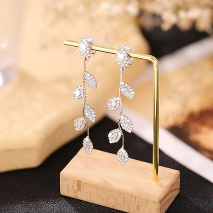 Gold/Silver Clip on Earrings Non Pierced for Women - 14K Gold Plated Long Tasse Drop Dangle Clip Earrings - Cubic Zirconia Leaf Earrings for Women Gold Wedding Jewelry Gifts - color: Silver-tone