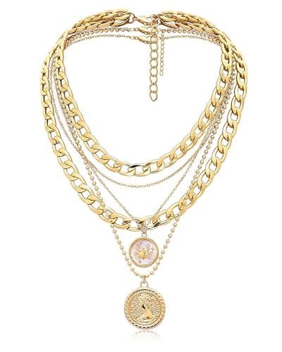 MJartoria Layered Necklaces for Women Trendy Retro Coin Pendant | Dainty Chunky Chain, Choker Necklaces, Jewelry Birthday Gifts - color: Golden, style: Zodiac-Cancer-3PCS Layered
