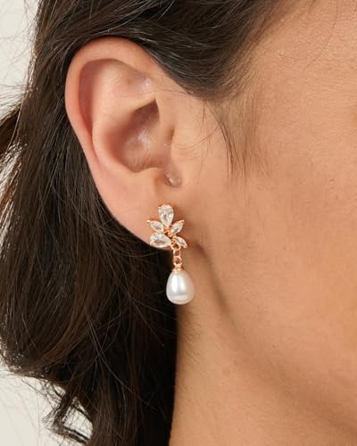Pearl Earrings - 14K Gold/White Gold/Rose Gold Plated Cubic Zirconia CZ Diaomond Accented Pearl Drop Dangle Earrings for Women Wedding Bridal Prom - color: Rose gold Leaf drop