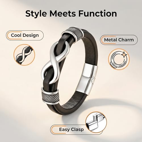 Men's Leather Infinity Bracelet Stainless Steel Number 8 Wristband Cuff Bangle Bracelets Gifts for Men, 8.3 & 9.1 inches - color: 04.Genuine leather & silver infinity, size: 8.3inch(Fits most wrists.)