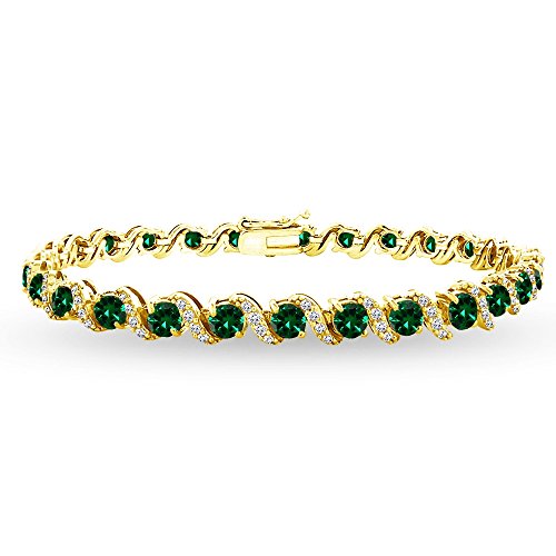 B. BRILLIANT Sterling Silver Genuine, Created or Simulated Gemstone Round S Design Tennis Bracelet for Women - color: Simulated Emerald - Gold Flash