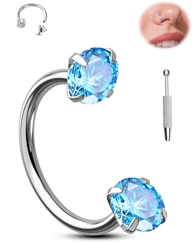 Jewseen Titanium Horseshoe Nose Ring 18G Double Gem Nose Ring for Women 6MM/7MM/8MM Internally Threaded Lip Septum Piercing Jewelry Horseshoe Helix/Daith/Tragus Earring for Women - color: Blue CZ, size: 1.0*8mm