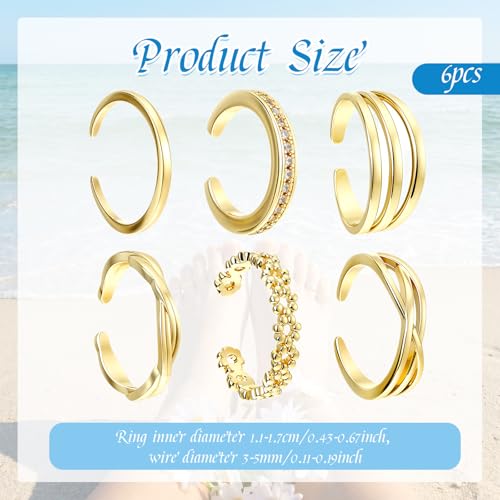 JJUNW 6PCS Toe Rings for Women, Adjustable Band Ring Beach Foot Jewelry Set | Summer Non Tarnish Toe-Rings Open Flower CZ Toe Ring Set Beach Foot Jewelry