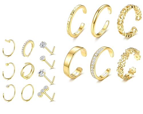 Besteel 10PCS 14K Gold Filled Nose Ring Studs - 6PCS Toe Rings for Women Non Tarnish Hypoallergenic Trendy Summer Beach Jewelry for Women