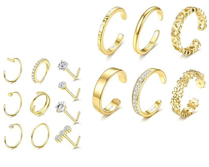 Besteel 10PCS 14K Gold Filled Nose Ring Studs - 6PCS Toe Rings for Women Non Tarnish Hypoallergenic Trendy Summer Beach Jewelry for Women