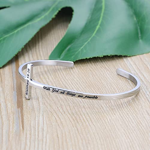 𝐂𝐫𝐨𝐬𝐬 𝐁𝐫𝐚𝐜𝐞𝐥𝐞𝐭 Religious Cuff Bangle 𝐁𝐢𝐛𝐥𝐞 𝐕𝐞𝐫𝐬𝐞 Christian Gifts Jewelry for 𝐖𝐨𝐦𝐞𝐧 - style: Silver cuff-With God all things are possible -Matthew 19:26