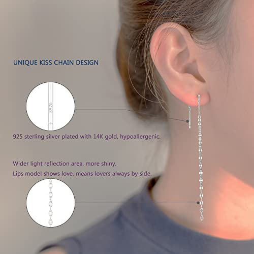 Long Chain Drop Earrings for Women, 925 Sterling Silver, Dainty Dangling Elegant Earrings for Daily Wear, Gift for Her - color: 4.4" Kiss Chain Silver