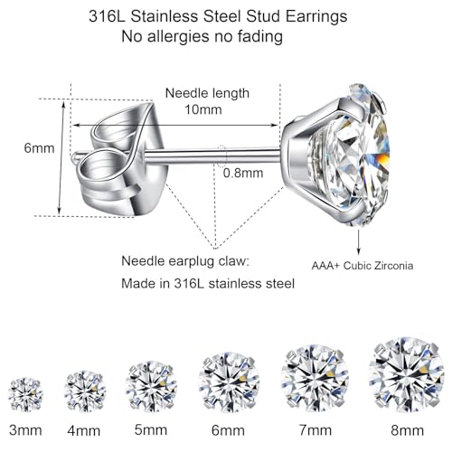6 Pairs Stud Earrings Set, Hypoallergenic Cubic Zirconia Earrings 316L Stainless Steel CZ Earrings 3-8mm - color: A-White CZ