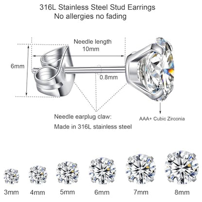 6 Pairs Stud Earrings Set, Hypoallergenic Cubic Zirconia Earrings 316L Stainless Steel CZ Earrings 3-8mm - color: A-White CZ