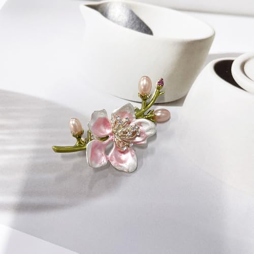 Elegant Peach Blossom Cz Brooch for Women Men Delicate Crystal Flower Faux Pearl Enamel Lapel Pins Dress Coats Scarves Accessories Wedding Party Prom Fashion Jewelry