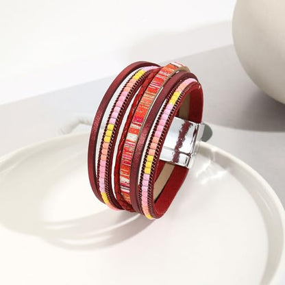 VIBILIA Boho Leather Wrap Bracelets for Women Multi-Layer Bracelets | With Strong Clasp Jewelry for Women - color: 03-BohoBraid-Red
