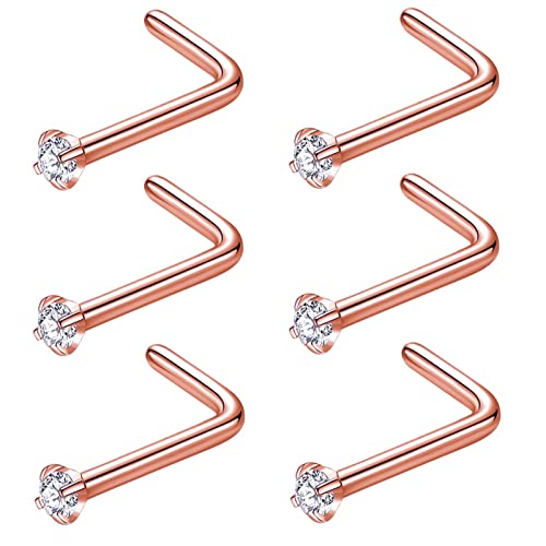 316L Surgical Steel 22g/20g/18g Nose Rings Studs L-Shape Nose Nostrial Piercing Body Jewerly L Shaped Nose Studs 1.5mm 2mm 2.5mm 3mm CZ Nose Screw Studs Rings for Women - style: 6pcs/L-shape/18g/1.5mm Clear CZ/Rose Gold
