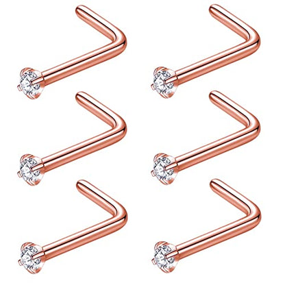 316L Surgical Steel 22g/20g/18g Nose Rings Studs L-Shape Nose Nostrial Piercing Body Jewerly L Shaped Nose Studs 1.5mm 2mm 2.5mm 3mm CZ Nose Screw Studs Rings for Women - style: 6pcs/L-shape/18g/1.5mm Clear CZ/Rose Gold