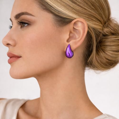 14K Gold Clip On Earrings Women,Teardrop Chunky Detachable Hoop Clip-On Earrings for Non Pierced Ears Hypoallergenic Lightweight Earring Clips - color: Purple Gold