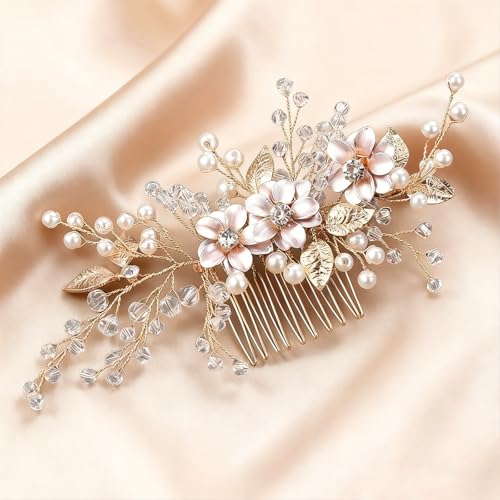 Flower Leaf Design Wedding Hair Comb, Metal Bridal Hair Accessory with Rhinestone, Wedding Prom Hair Clip Headpiece for Women (Gold Flower) - color: Gold Flower