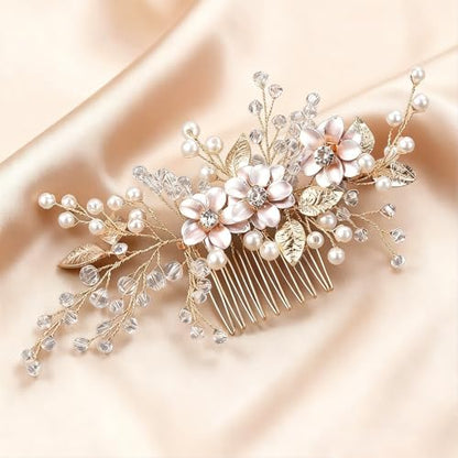 Flower Leaf Design Wedding Hair Comb, Metal Bridal Hair Accessory with Rhinestone, Wedding Prom Hair Clip Headpiece for Women (Gold Flower) - color: Gold Flower