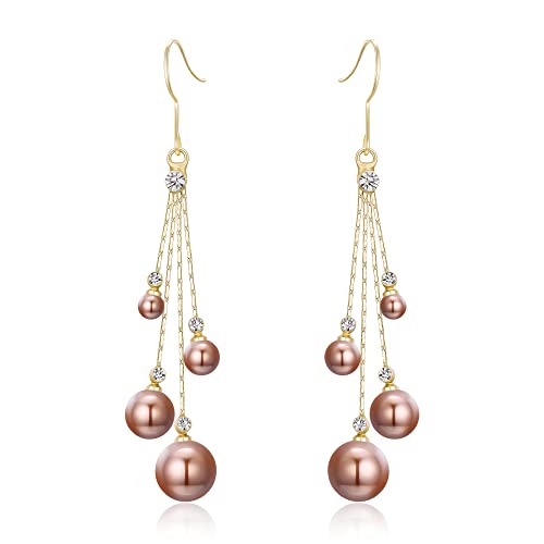 EleQueen Women's Silver-tone Crystal Simulated Pearl 4 Chain Bridal Long Dangle Hook Earrings Ivory Color - color: A-Brown Gold-Tone