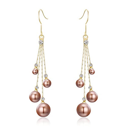 EleQueen Women's Silver-tone Crystal Simulated Pearl 4 Chain Bridal Long Dangle Hook Earrings Ivory Color - color: A-Brown Gold-Tone