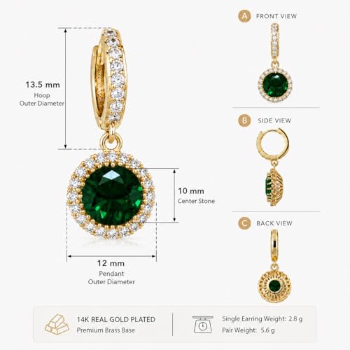 14K Gold Plated Hoop Dangle Earrings for Women, Hypoallergenic Colorful Cubic Zirconia Drop Earrings, Lightweight Huggie Earrings for Women - color: Gold/Emerald Green