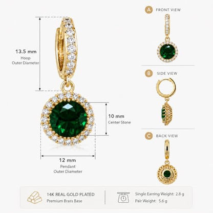 14K Gold Plated Hoop Dangle Earrings for Women, Hypoallergenic Colorful Cubic Zirconia Drop Earrings, Lightweight Huggie Earrings for Women - color: Gold/Emerald Green