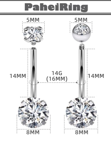 Long Belly Button Ring 6mm 8mm 10mm 12mm 14mm Surgical Stainless Steel Round Cubic Zirconia Navel Barbell Long Bar Belly Button Piercing Jewelry Silver, black, rose gold belly ring - color: 2pcs-14mm-White Belly ring Zircon+Diamond