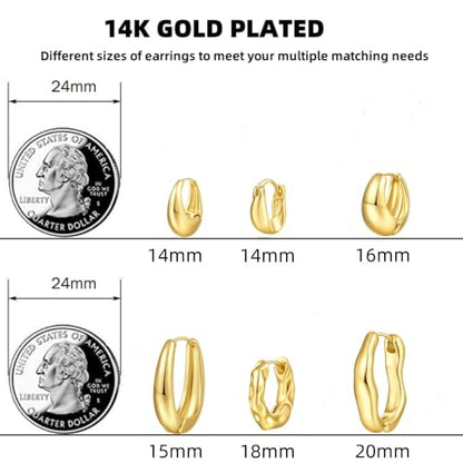 6 Pairs Gold Hoop Earrings Set for Women, 14K Gold Plated Huggie Chunky Earring Variety Pack, Hypoallergenic Thick Jewelry Gift - color: Gold Color