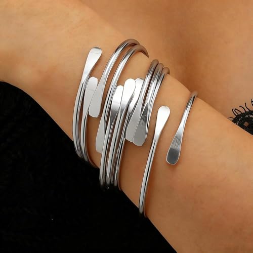 Layered Gold Sliver Plated Geometric Bracelets Set for Women,Open Adjustable Stacking Wrist Cuff Bracelets Punk Party Trendy Jewelry Accessories Gift - color: Silver