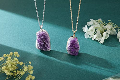 Jovivi Natural Amethyst Cluster Crystal Necklace for Women Men,Irregular Raw Rough Amethyst Quartz Stone Pendant Necklace Jewelry for Spiritual Reiki Healing,Beauty, Love and Positive Energy - color: Silver Plated