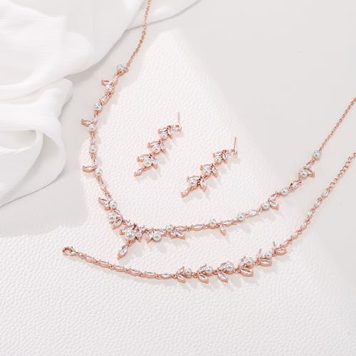 EleQueen Women's Simulated Pearl Wedding Jewelry Set for Brides | Cubic Zirconia Necklace Earrings Bracelet Set for Brides Bridesmaids, Bridal Jewelry Set for Anniversary/Memorial Day - style: Pearl Jewelry Set Rose Gold-Tone