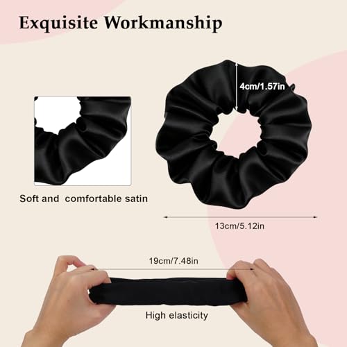 Satin Scrunchies for Women – 8PCS Black Silk Hair Ties – No Crease, Frizz-Free, Gentle Elastic Hair Bands for Thick & Thin Hair, Soft & Stylish Hair Accessories Gifts - color: Large-Black