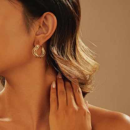 Dangle Flower Gold Earrings for Women, Trendy Statement Hoop Earrings, Gold Floral Drop Earrings Jewelry for Gifts - color: Irregular Shape -14K Gold