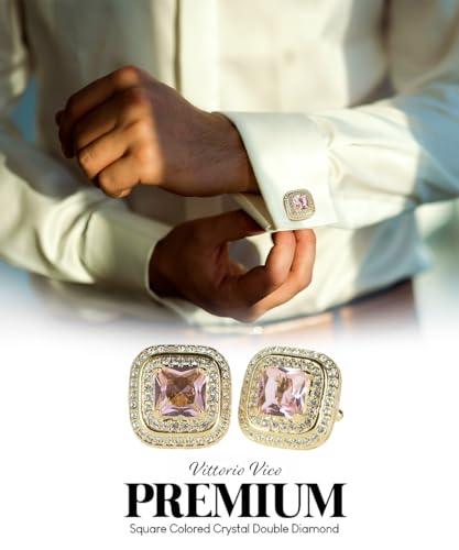 Square Colored Crystal Double Diamond Set Cufflinks - color: Pink/Gold