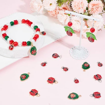 SUNNYCLUE 32PCS 8 STYLES Ladybug Charms Bulk Insect Charm Enamel Lucky Red Ladybird Ladybugs Insect Leaf Beetles Animals Charm Bulk for Jewelry Making Charms Earrings Necklace Bracelets Diy Crafts
