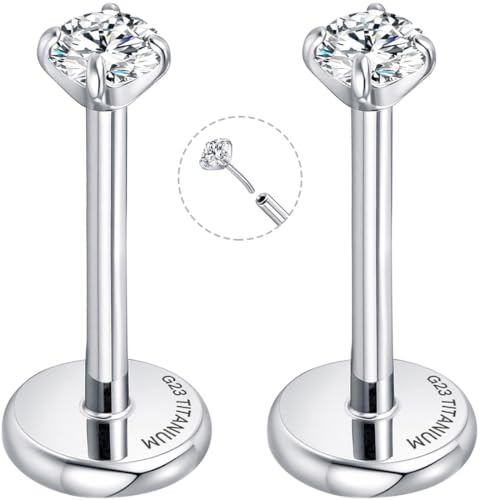 Threadless Flat Back Earrings for Tragus, Helix, Conch, Daith, Cartilage Piercings - G23 Titanium Flatback Stud Earrings with Grade AAAAA Cubic Zirconia - Threadless Flat Back Nose Stud Push Pin Ring Earring Studs (18g, 16g, 20g - 6mm, 8mm) - color: Silve