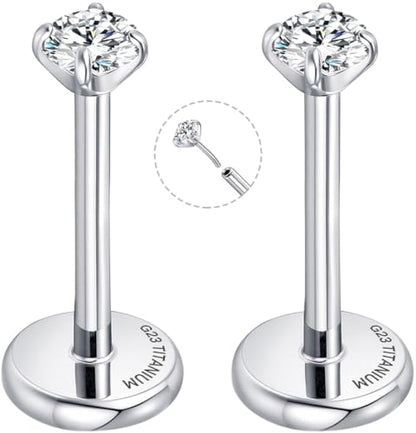 Threadless Flat Back Earrings for Tragus, Helix, Conch, Daith, Cartilage Piercings - G23 Titanium Flatback Stud Earrings with Grade AAAAA Cubic Zirconia - Threadless Flat Back Nose Stud Push Pin Ring Earring Studs (18g, 16g, 20g - 6mm, 8mm) - color: Silve