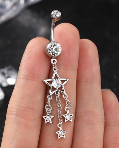 Dangle Belly Button Rings 14G Star Dangly Belly Navel Rings for Women Silver Belly Piercing Jewelry Dangling Stainless Steel - color: Silver