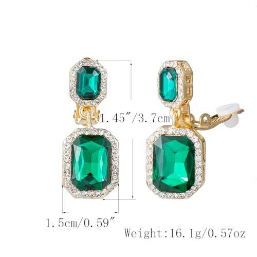 YINLI Austrian Crystal Square Shape Dangle Drop Clip on Earrings for Women - color: Green,Gold