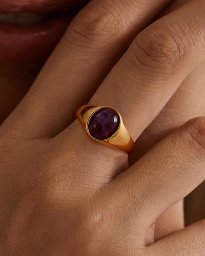 YeGieonr Gold Signet Rings for Women Non Tarnish Gold Rings, Waterproof Gemstones Statement Ring, 18K Gold Plated Stainless Steel Gem Stone Jewelry Gift for Everyday Wear - color: Amethyst