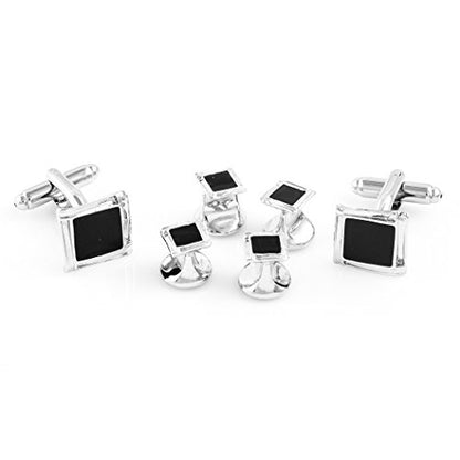 Black Onyx Square Designer Tuxedo Cufflinks & Studs Set in a Presentation Gift Box & Polishing Cloth